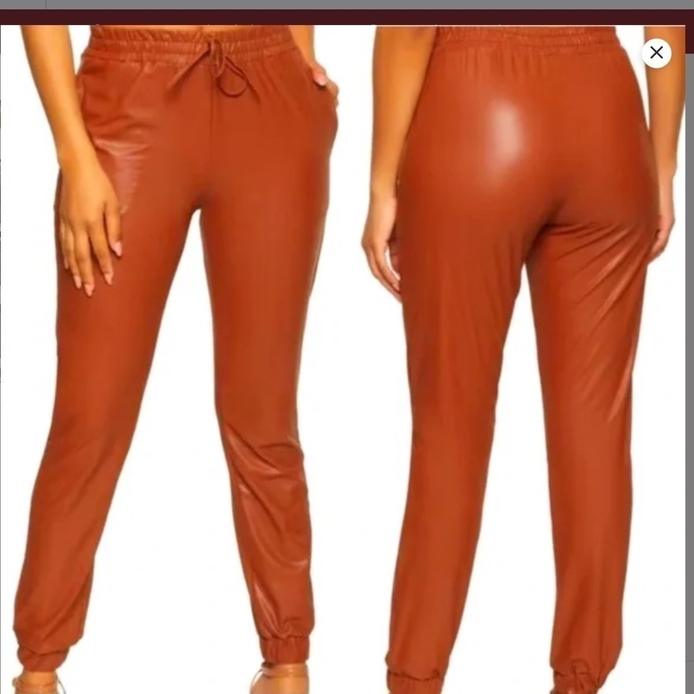 21 Saints Elastic Waist Faux Leather Jogger Size Small Cognac/copper Color